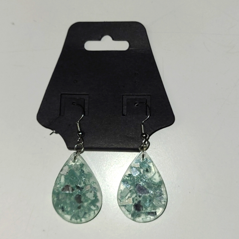 Teardrop Earings, Light Seafoam & Clear, pierced